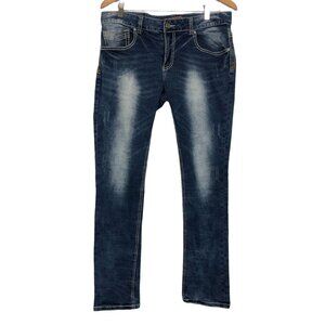 RawX Stretch Mens Jeans Sz 32 Distressed Contrast Double Stitching Med Dark Wash